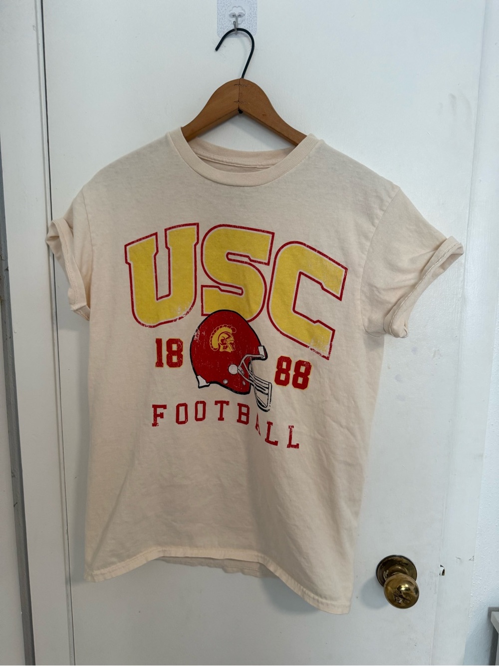 Size small USC Football Crewneck Tee in Cream with Red & Yellow Graphic